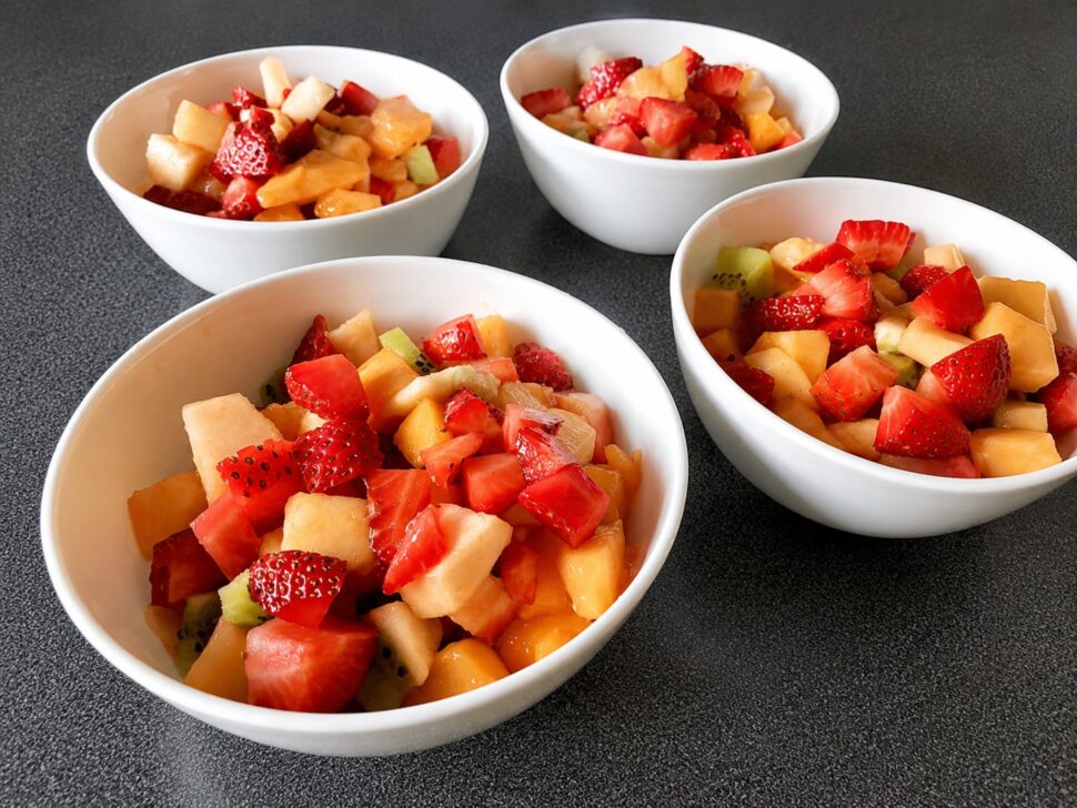 Tropický ovocný salát s pomerančovou zálivkou – jahody, mango, ananas a kiwi bez přidaného cukru